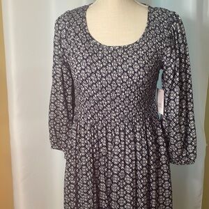 Lovely smocked front and back navy and white dress with 3/4 length sleeves